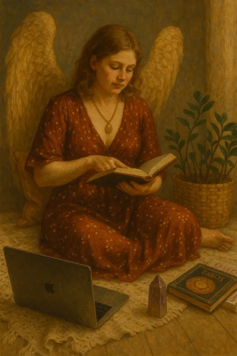 Anjo da guarda com um livro e elementos de espiritualidade